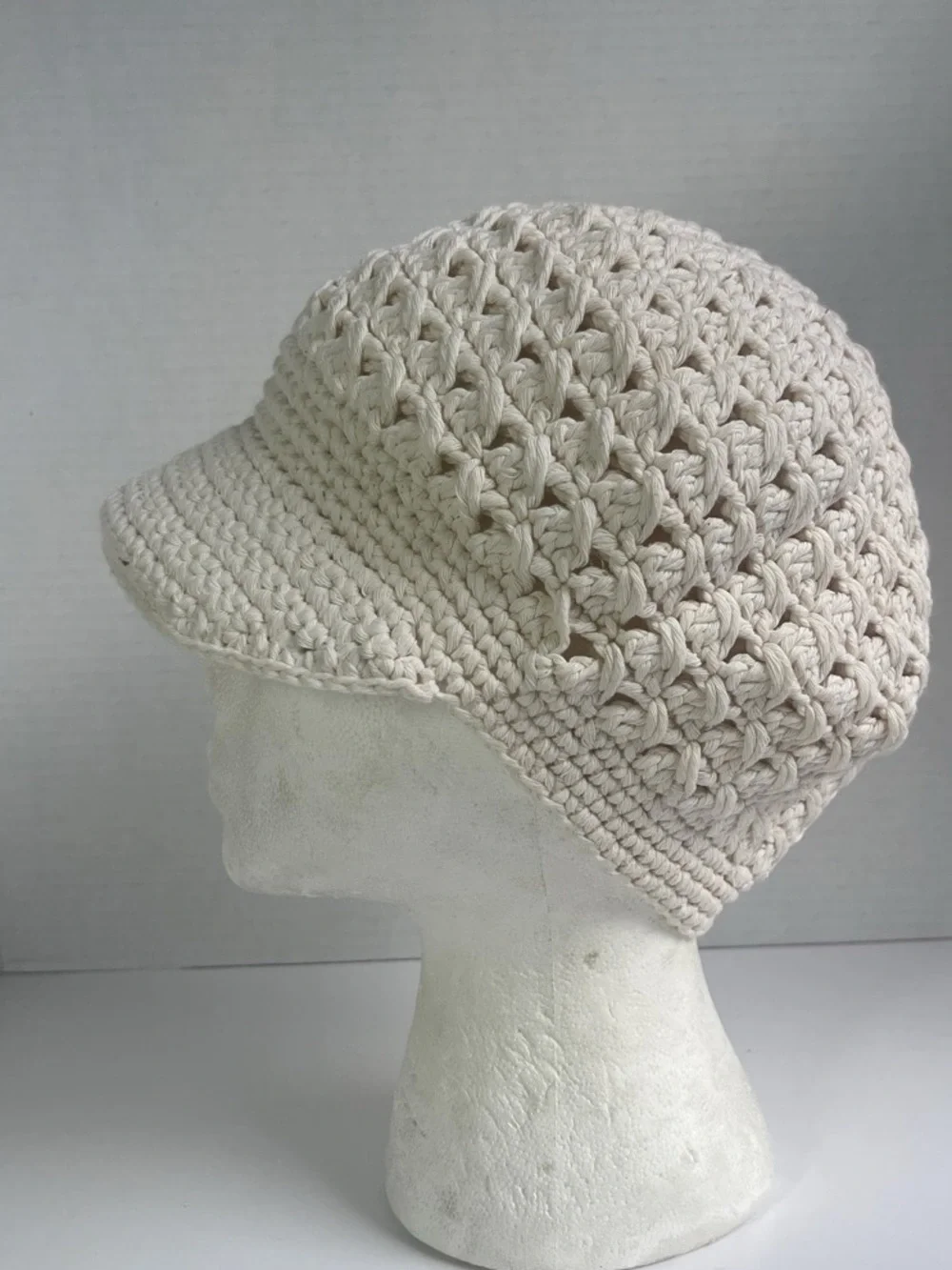 Hand-Crocheted Cream Newsboy Cap with Brim